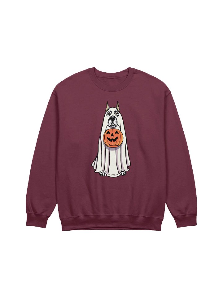 Funny Halloween Great Dane(Cropped Ears Harlequin) Sweatshirt | Funny Great Dane Wearing a Ghost Costume and Holding a Pumpkin Basket product image (1)