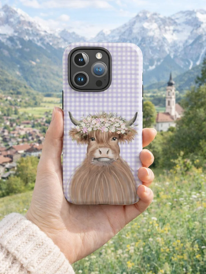 Floral Highland Cow Tough iPhone® Case Lavender Gingham Cottagecore Statement product image (1)