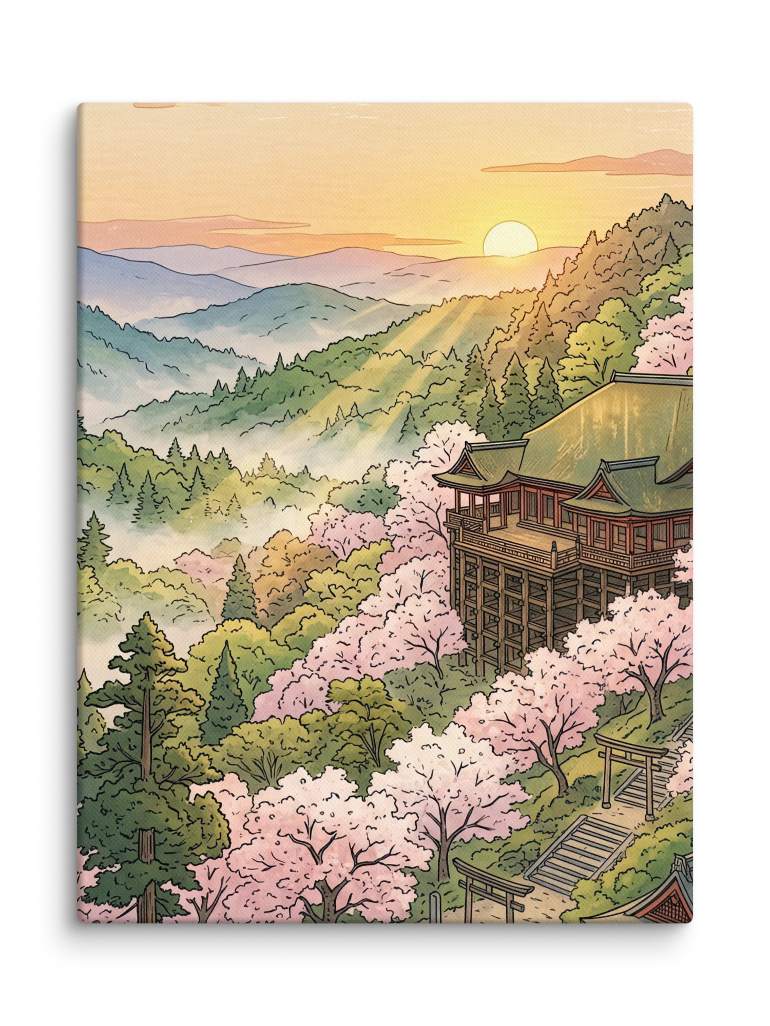 Serene Misty Cherry Blossom Temple Canvas - Zen Minimalist Wall Art product image (1)