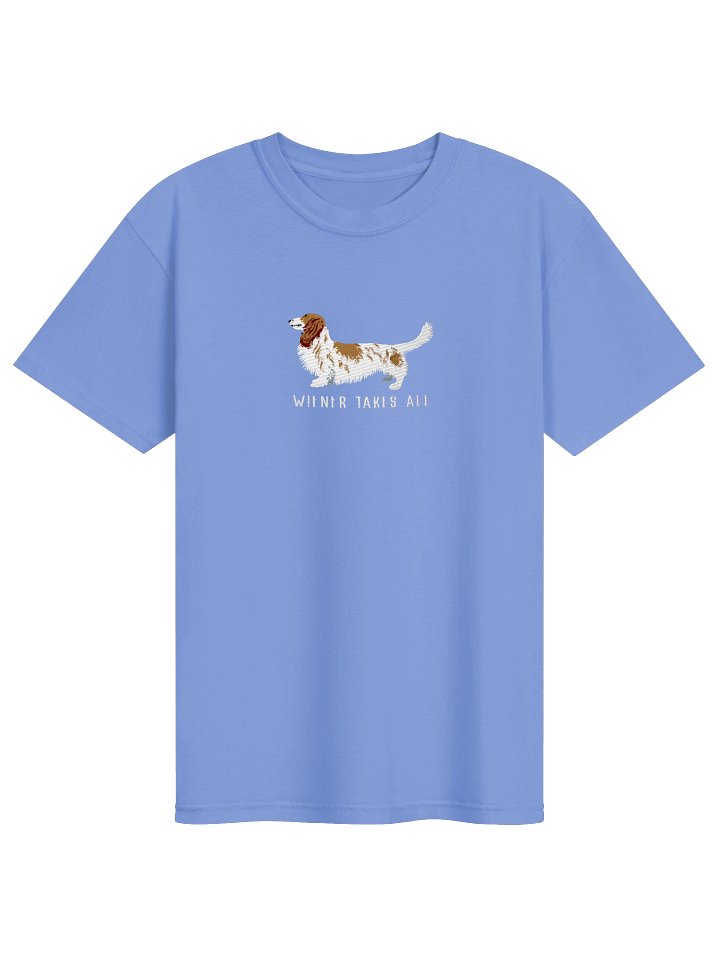 Wiener Takes All T-Shirt(Embroidered) of a Longhaired Dachshund(Pied Brown & White) product image (33)