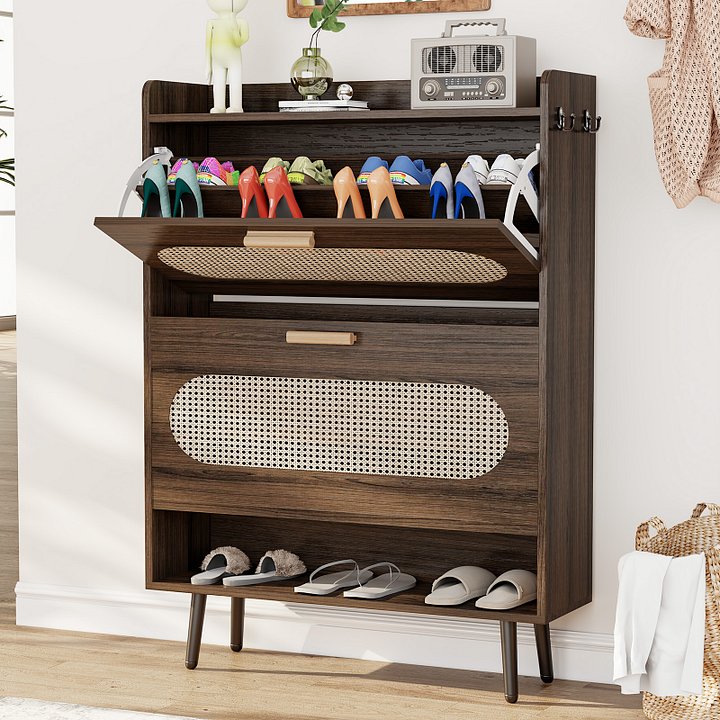 Shoe Cabinet with Natural Rattan Flip Drawers for Entryway Free Standing Slim Shoe Storage Organizer with 2 Flip Drawers Walnut product image (1)