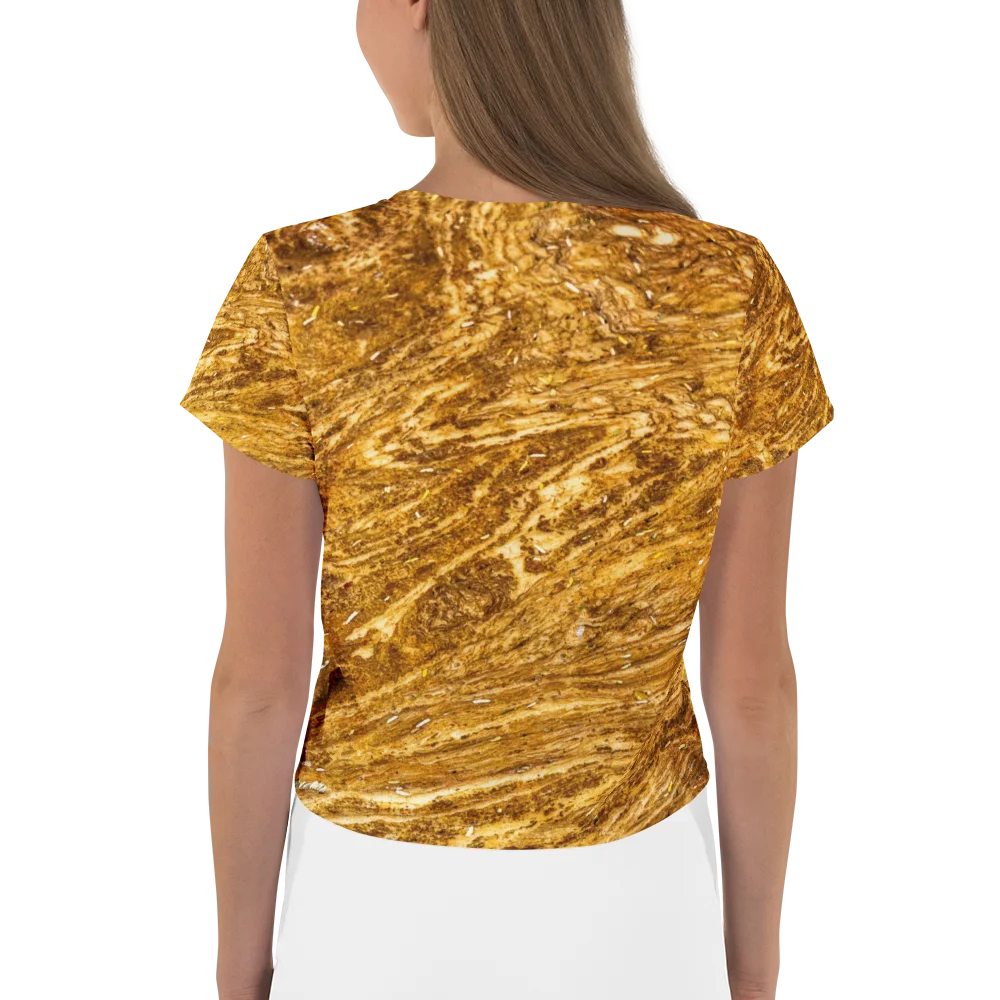 Golden Strata: Women’s Earthy Swirl Marble Pattern Crop Top | Full Print Golden Ochre Short Sleeve Crop Tee | Tiger Eye Boho Streetwear product image (2)