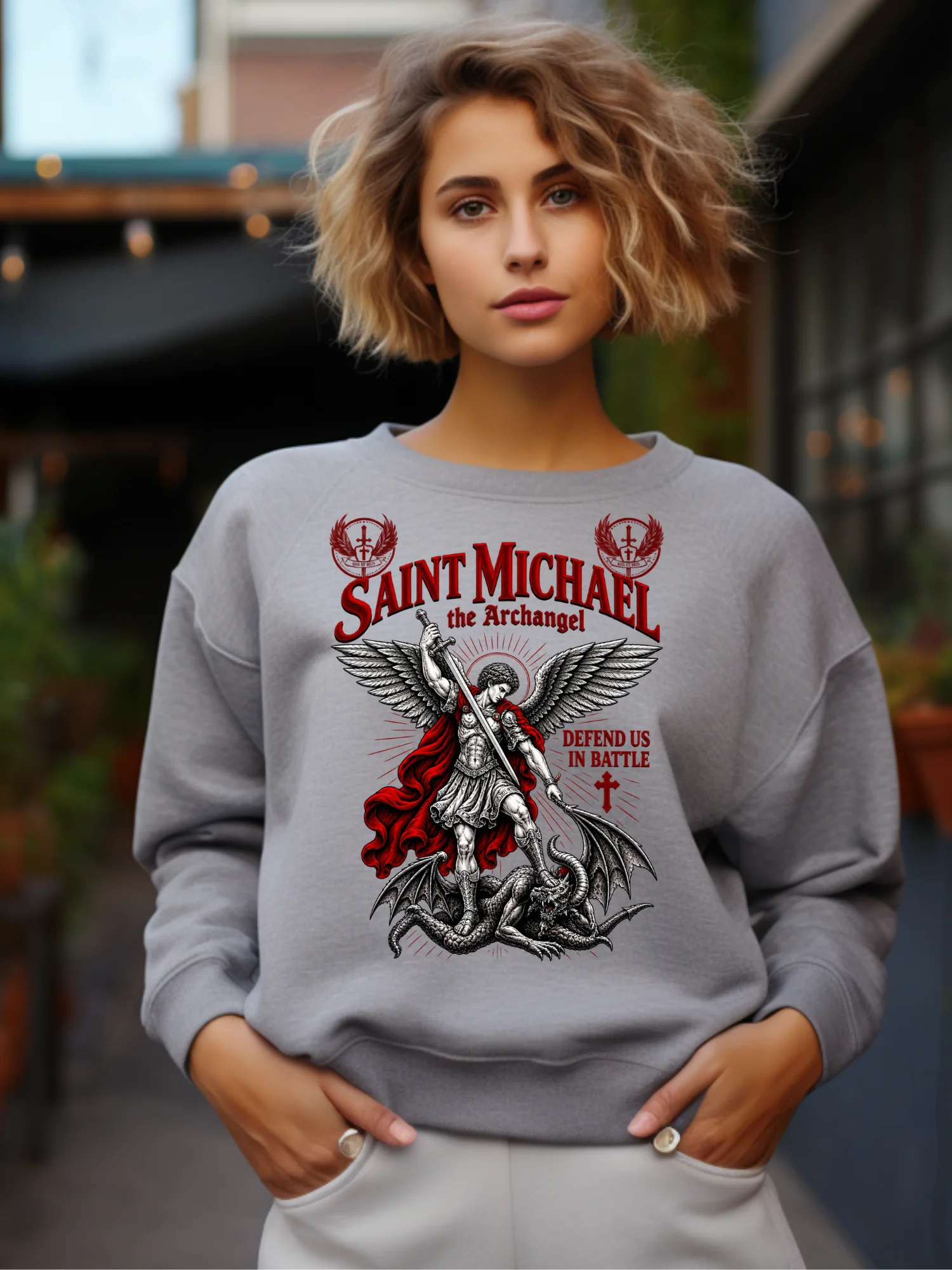 Saint Michael the Archangel Sweatshirt | Defend Us in Battle Catholic Christian Faith Crewneck | Religious Gift | Kingdom Life Co. product image (1)