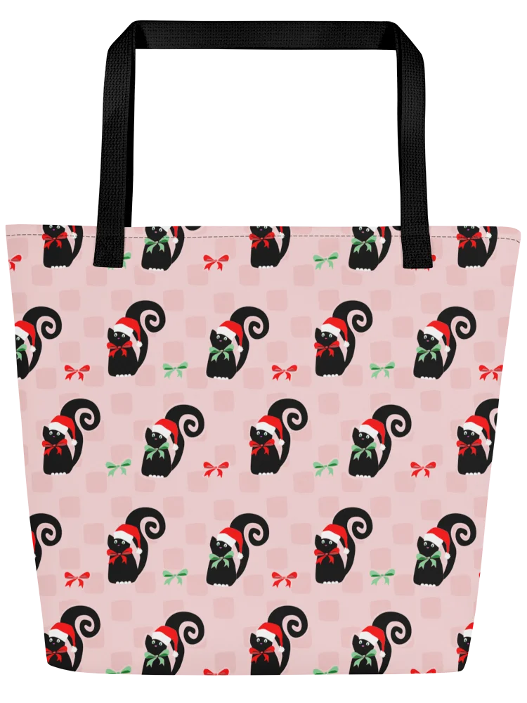 Black Christmas Kitties On Pink Checkerboard – Large Tote Bag product image (4)