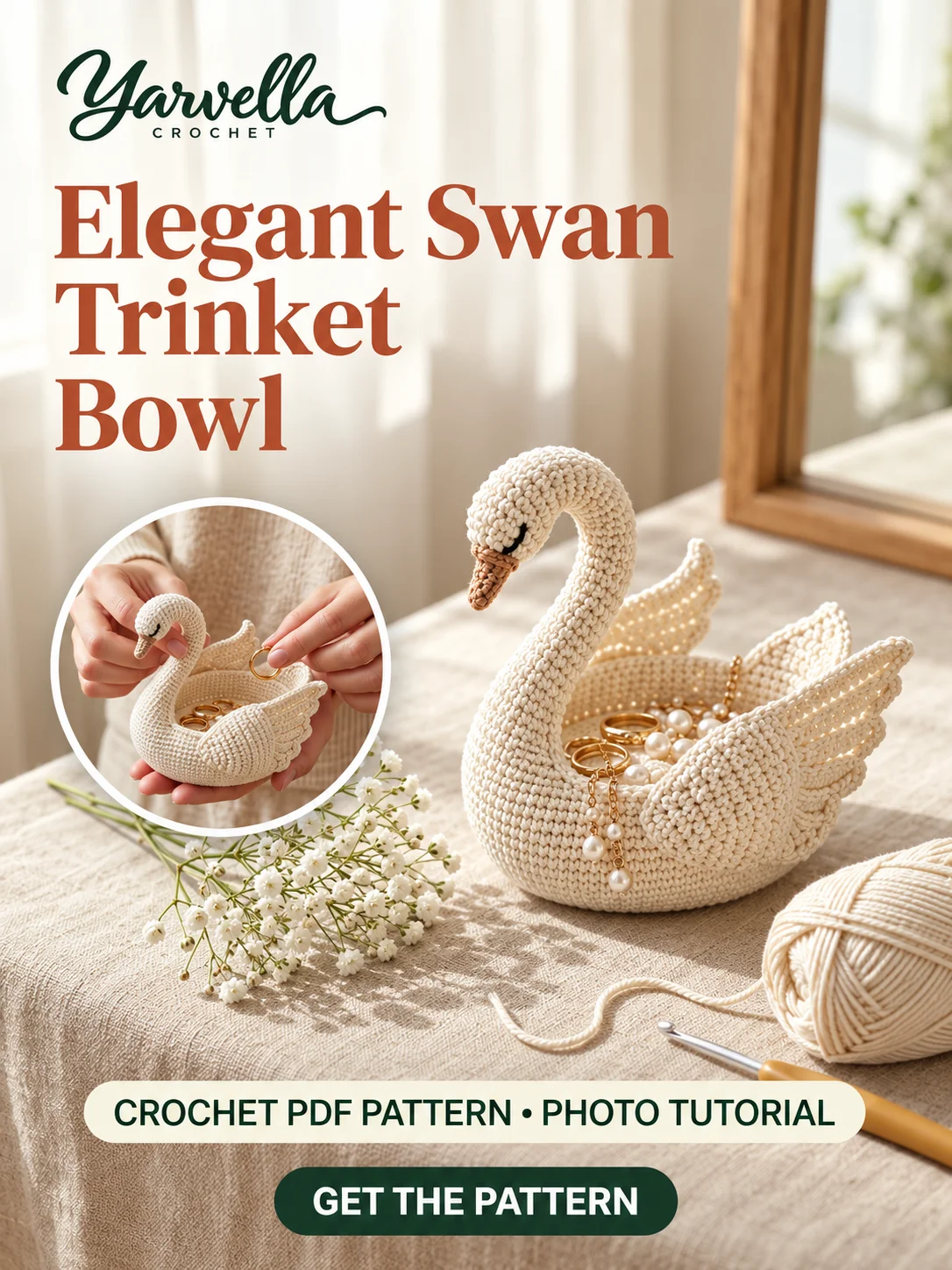 Swan Jewelry Dish & Ring Holder Crochet Pattern PDF – Vanity Trinket Bowl product image (1)