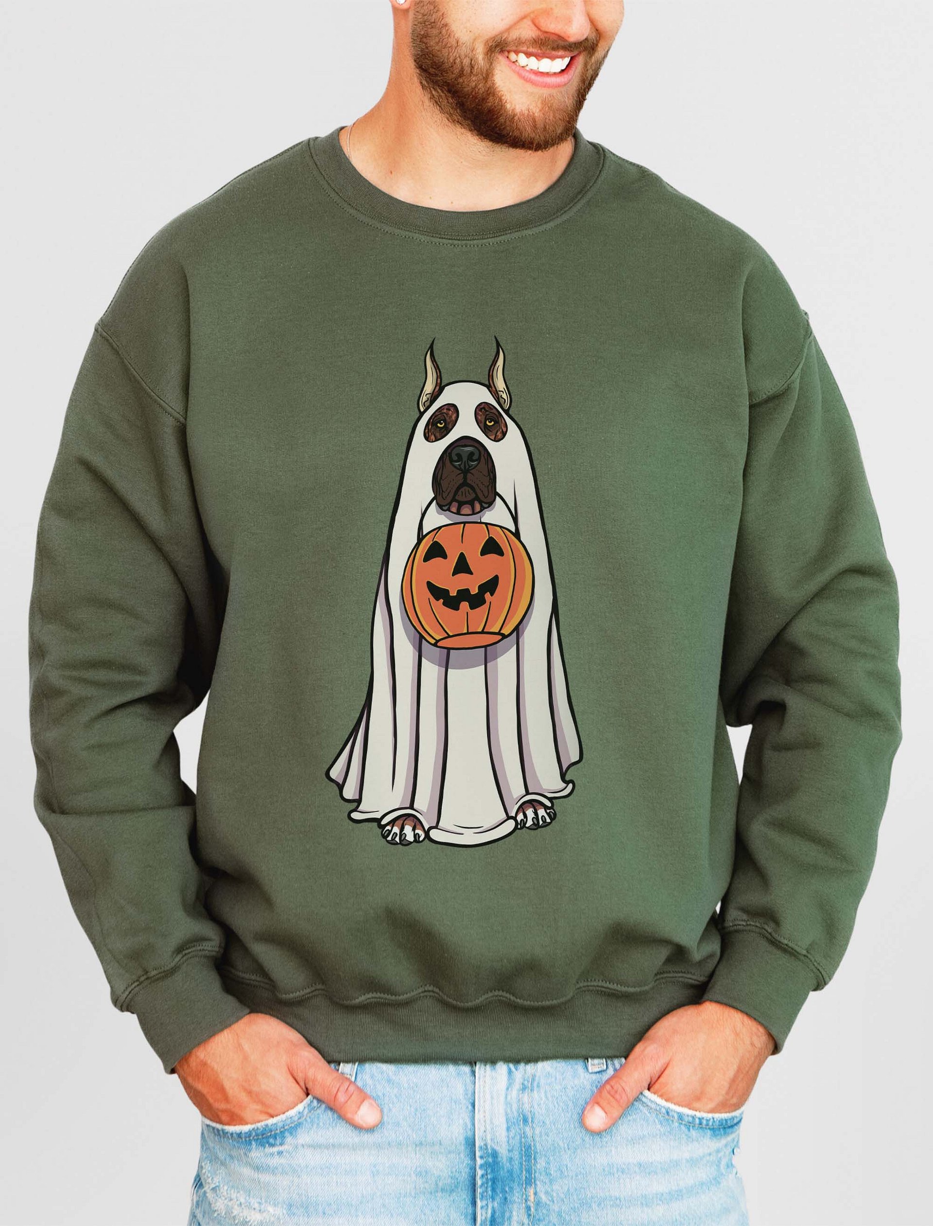 Funny Halloween Great Dane(Cropped Ears Brindle) Sweatshirt | Funny Great Dane Wearing a Ghost Costume and Holding a Pumpkin Basket product image (2)