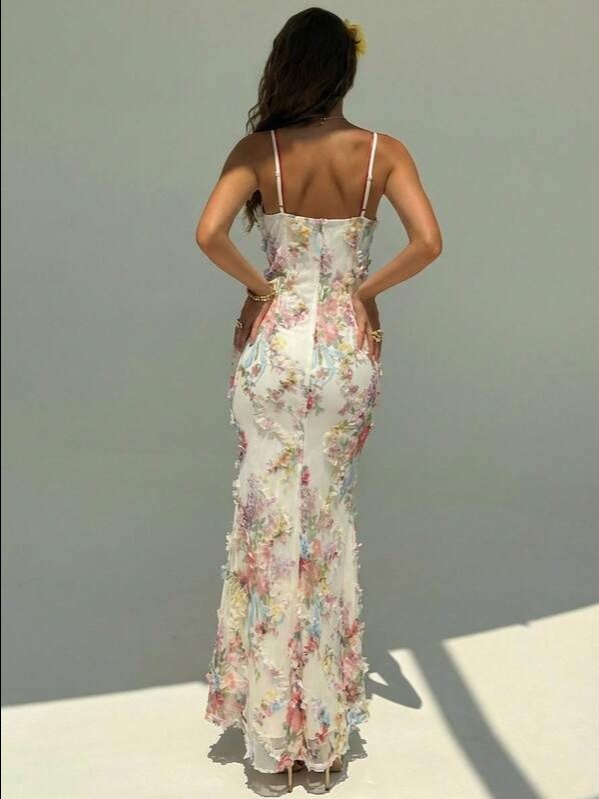 Women's Cream Backless Boho Mermaid Maxi Dress | Spaghetti Strap Draped Slim Fit Gown for Wedding Guest, Vacation, Date Night & Prom | ADLEST product image (2)