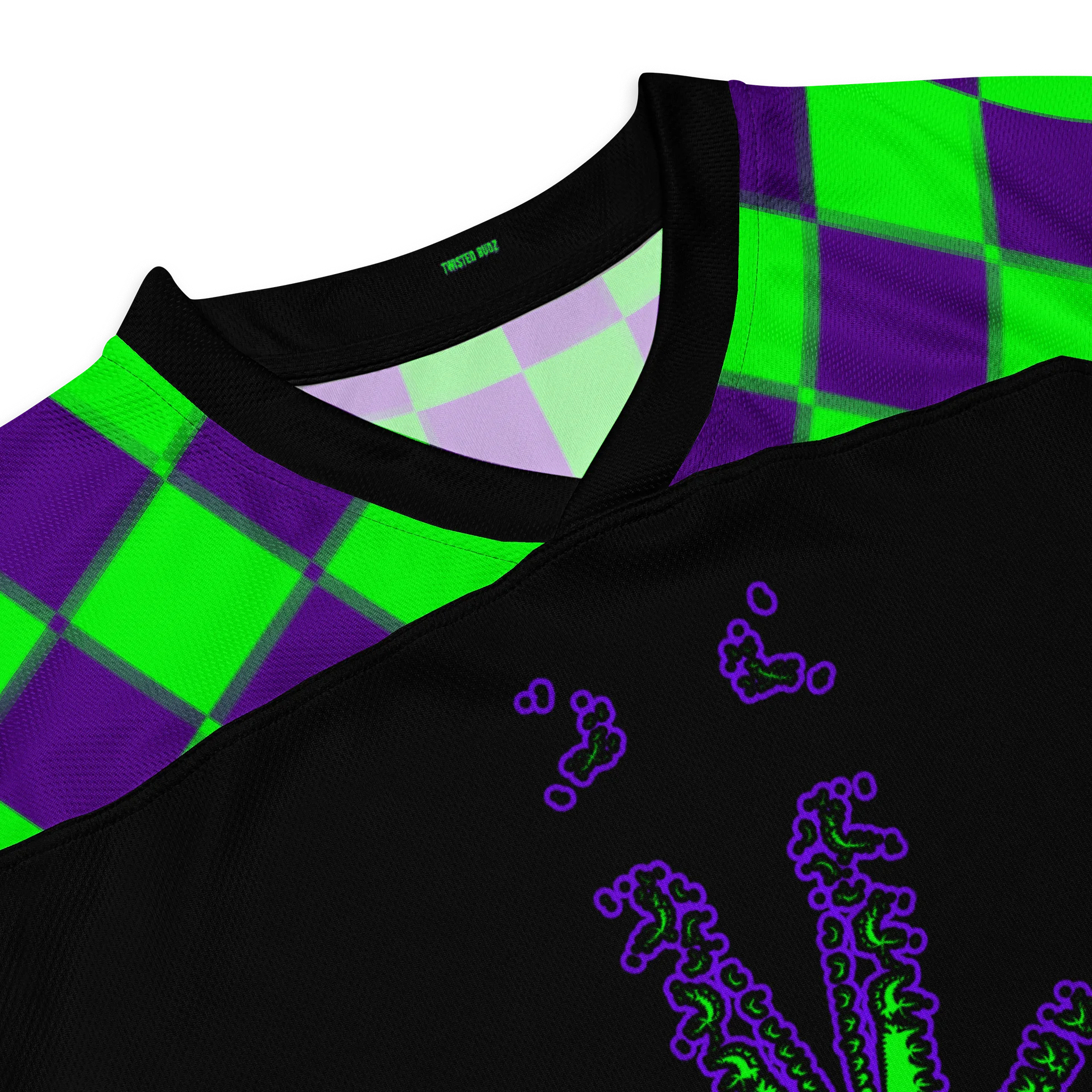 Stoner Raver 420 Hockey Jersey, Cannabis EDM Shirt, Gothic Alt Rave Wear, Weed Music Festival Clothes, Black Purple Neon Green Pot Leaf Top product image (8)