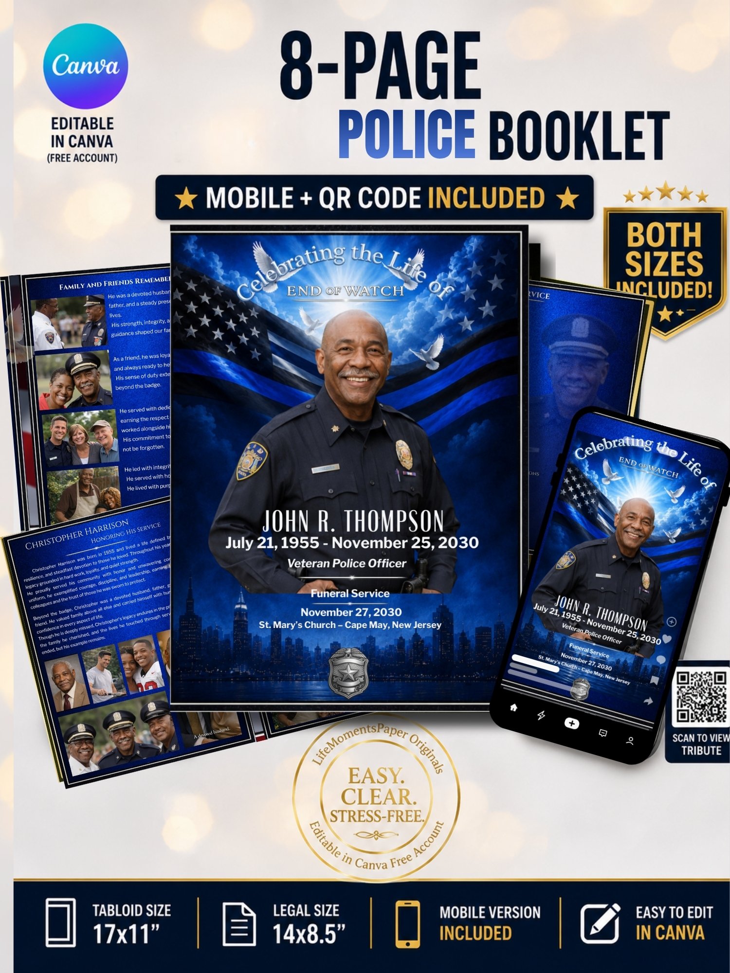 Police Officer Funeral Program & Obituary Template for Canva with QR Code product image (1)