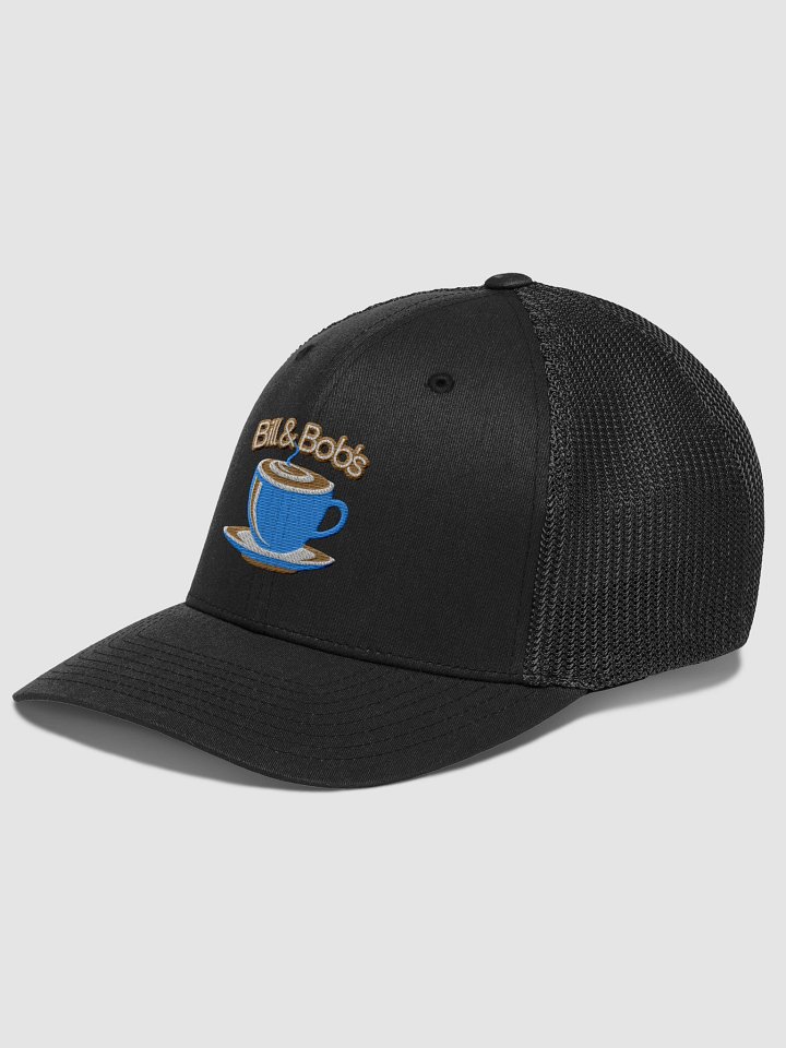 Bill & Bob's Coffee Shop Open 24/7 Trucker Hat, Aqua Teal Blue Color Accent product image (2)