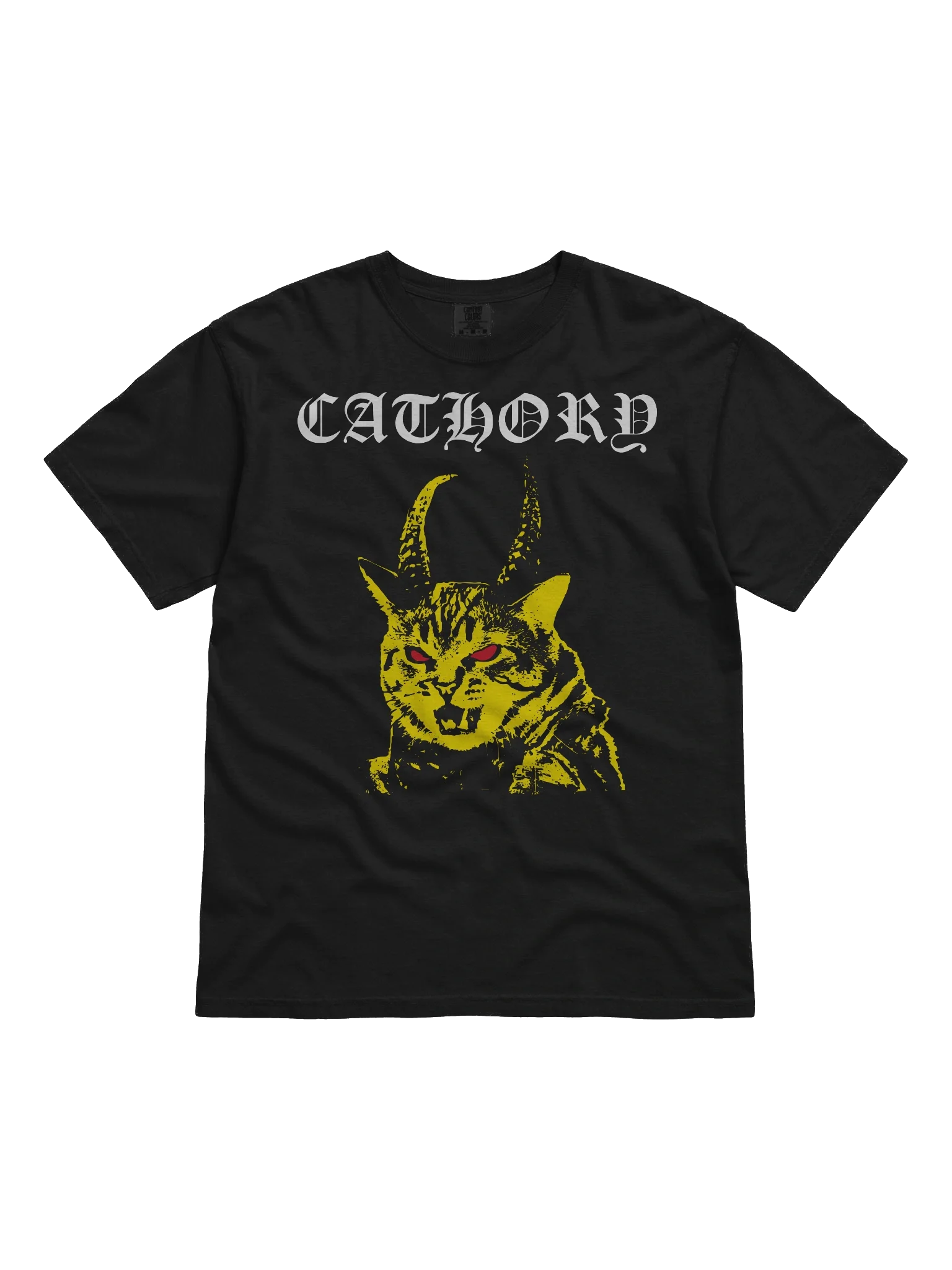 Cathory t-shirt showing a horned yellow cat with burning red eyes - a dark cat art gift for cat lovers who like black metal