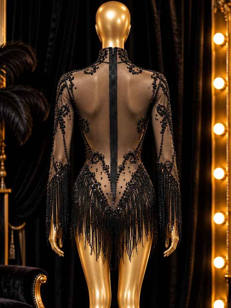 Black Crystal & Fringe Showgirl Bodysuit – Long Sleeve High Neck Stage Costume product image (3)