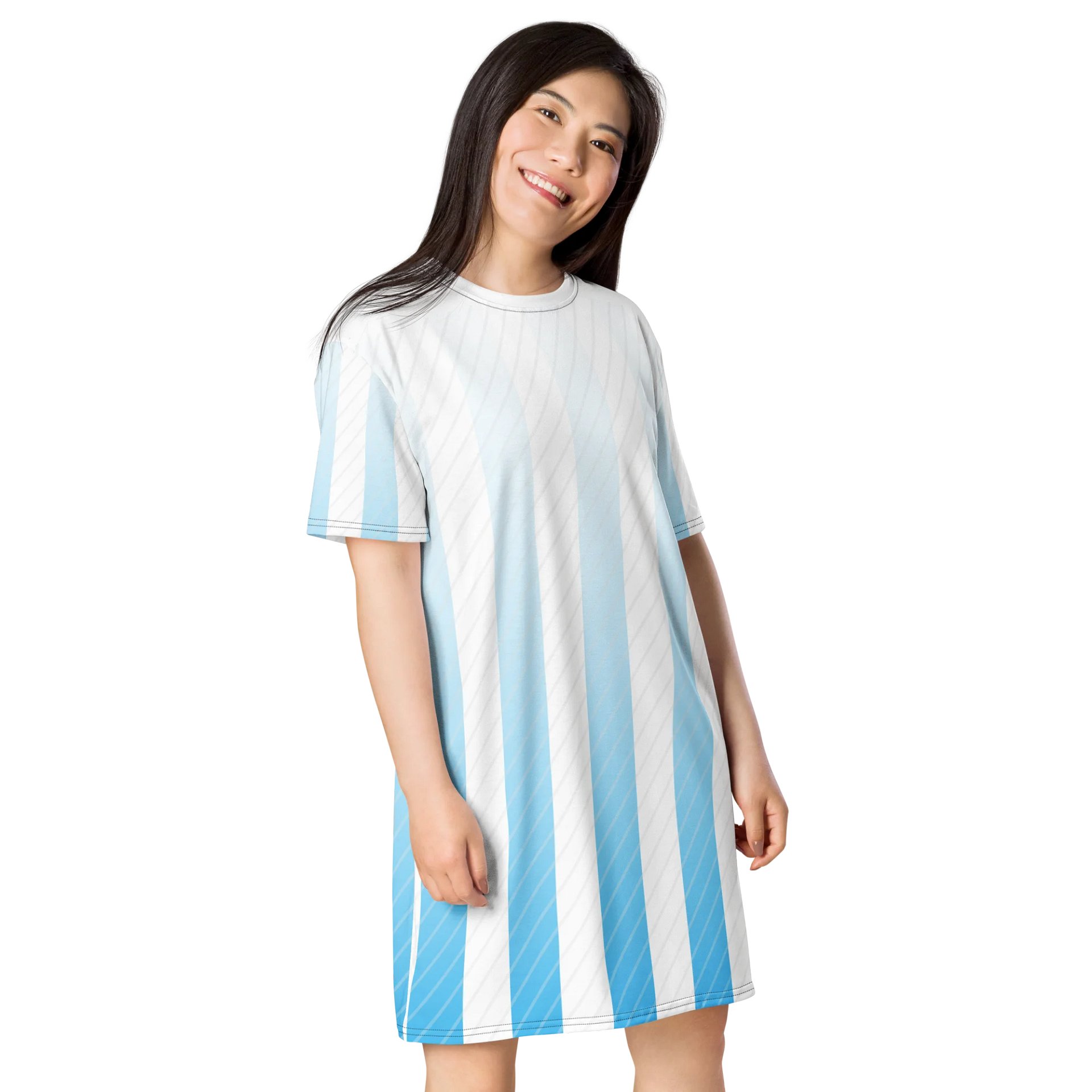 Exclusive White & Light Blue Gradient Striped Oversized T-Shirt Dress | TDS Music product image (4)