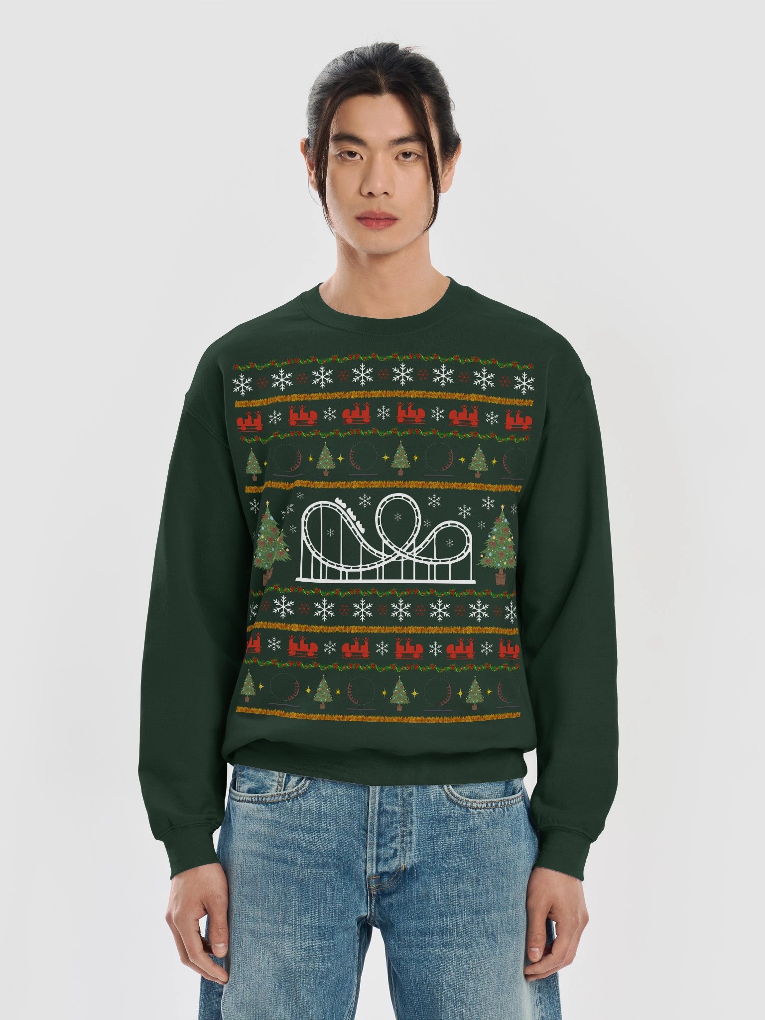Roller Coaster Ugly Christmas Sweater – Festive Coaster Design in Forest Green product image (5)