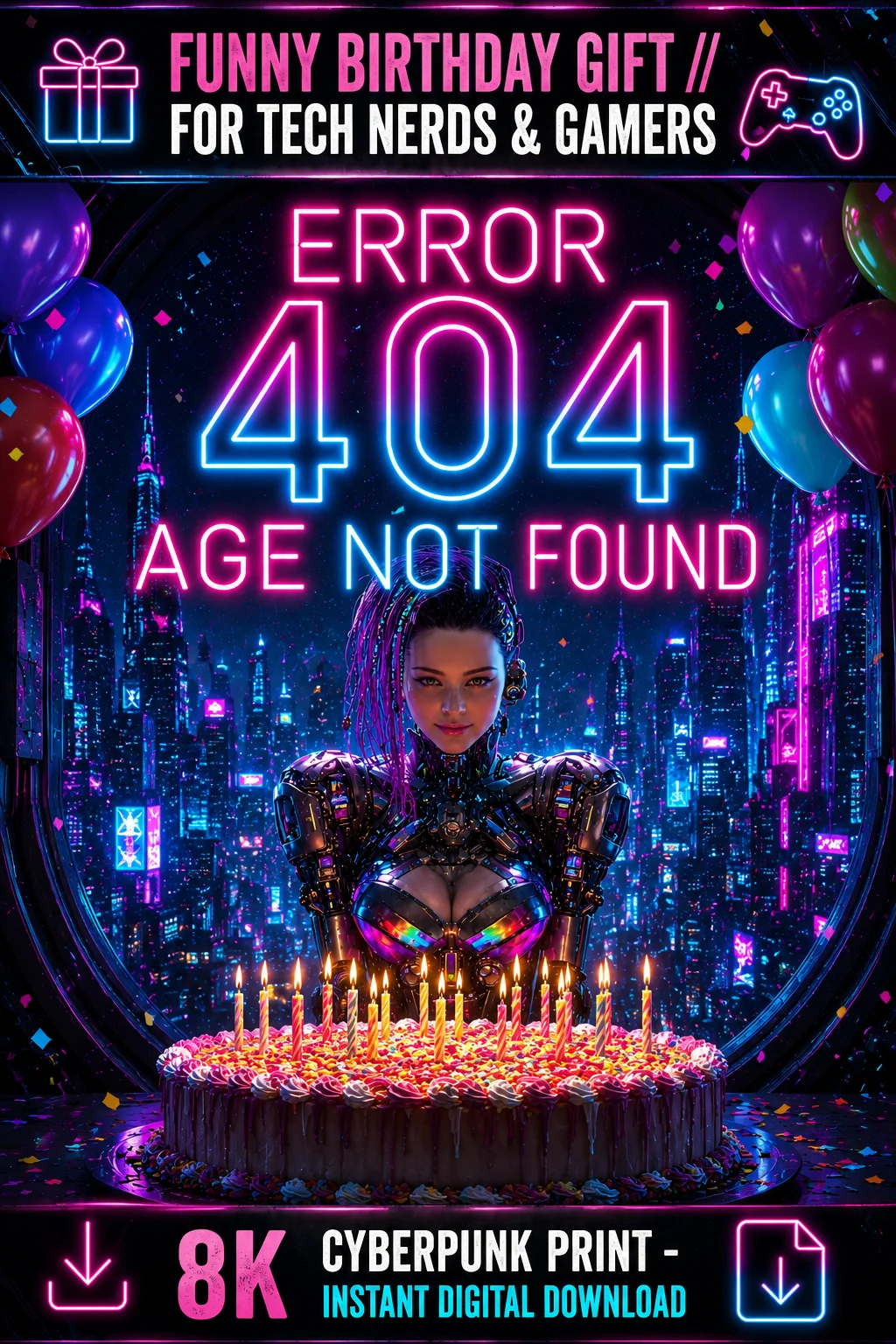 Funny Birthday Gift For Tech Nerds | Error 404 Age Not Found Cyberpunk Print product image (1)