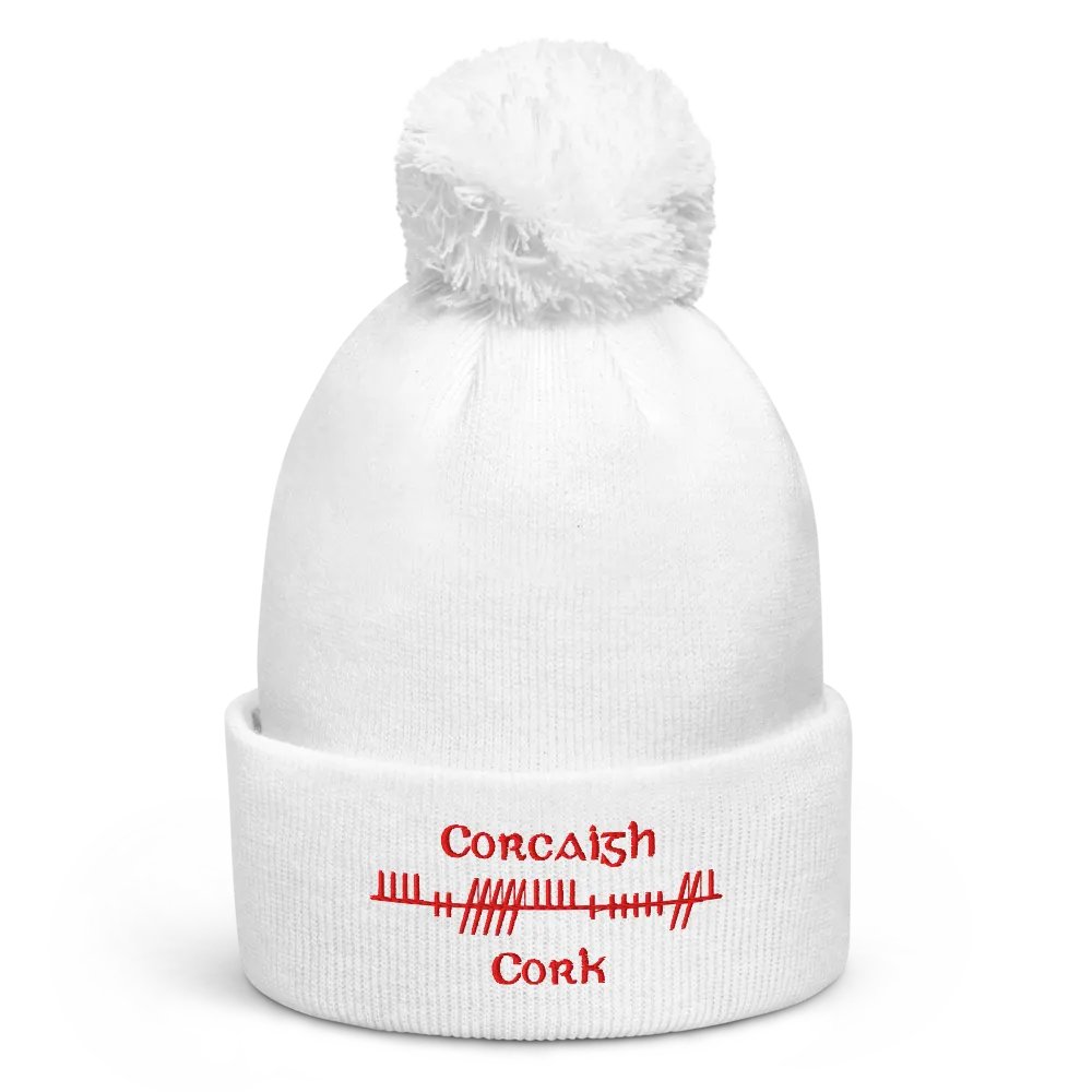 Cork/Corcaigh, Orthodox Style Ogham, white with red, embroidered Pom-Pom Beanie product image (1)