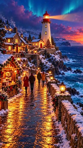 Christmas by the Sea: Golden Lanterns & a Snowy Lighthouse ✨