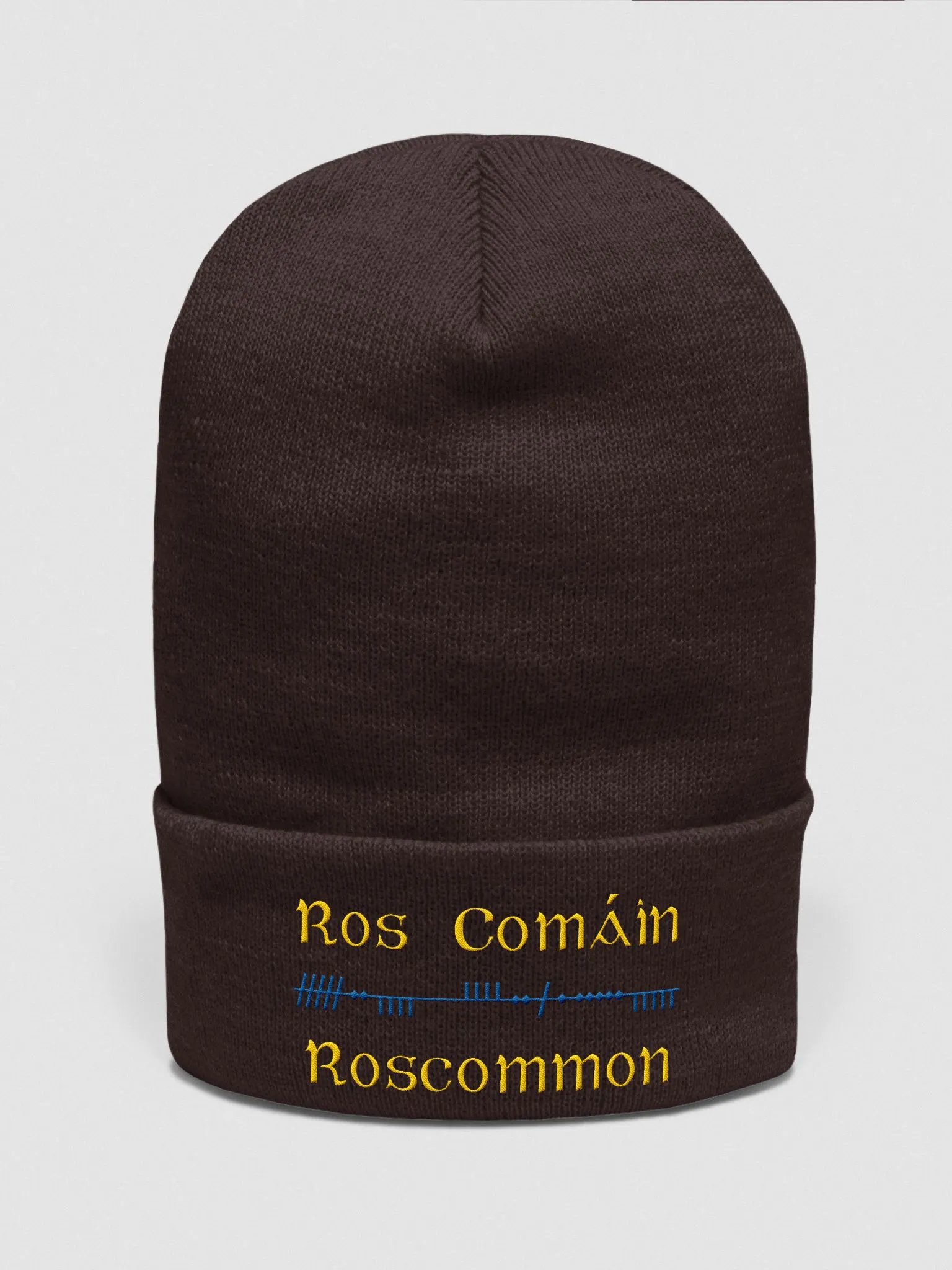 Roscommon/Ros Comáin Scholastic style Ogham, yellow and blue, embroidered Cuffed Beanie product image (11)