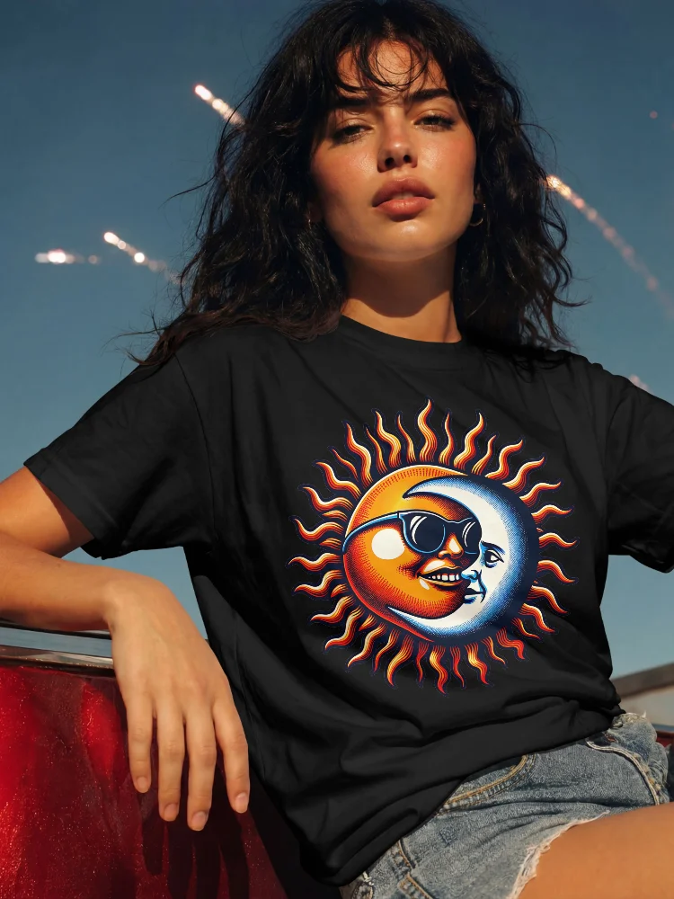 🌞 Sun and Moon Retro Fusion T-Shirt – Cool Cosmic Design with Shades | Groovy Celestial Yin-Yang Tee product image (1)