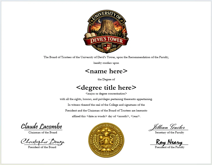 University of Devil’s Tower degree parchment product image (1)