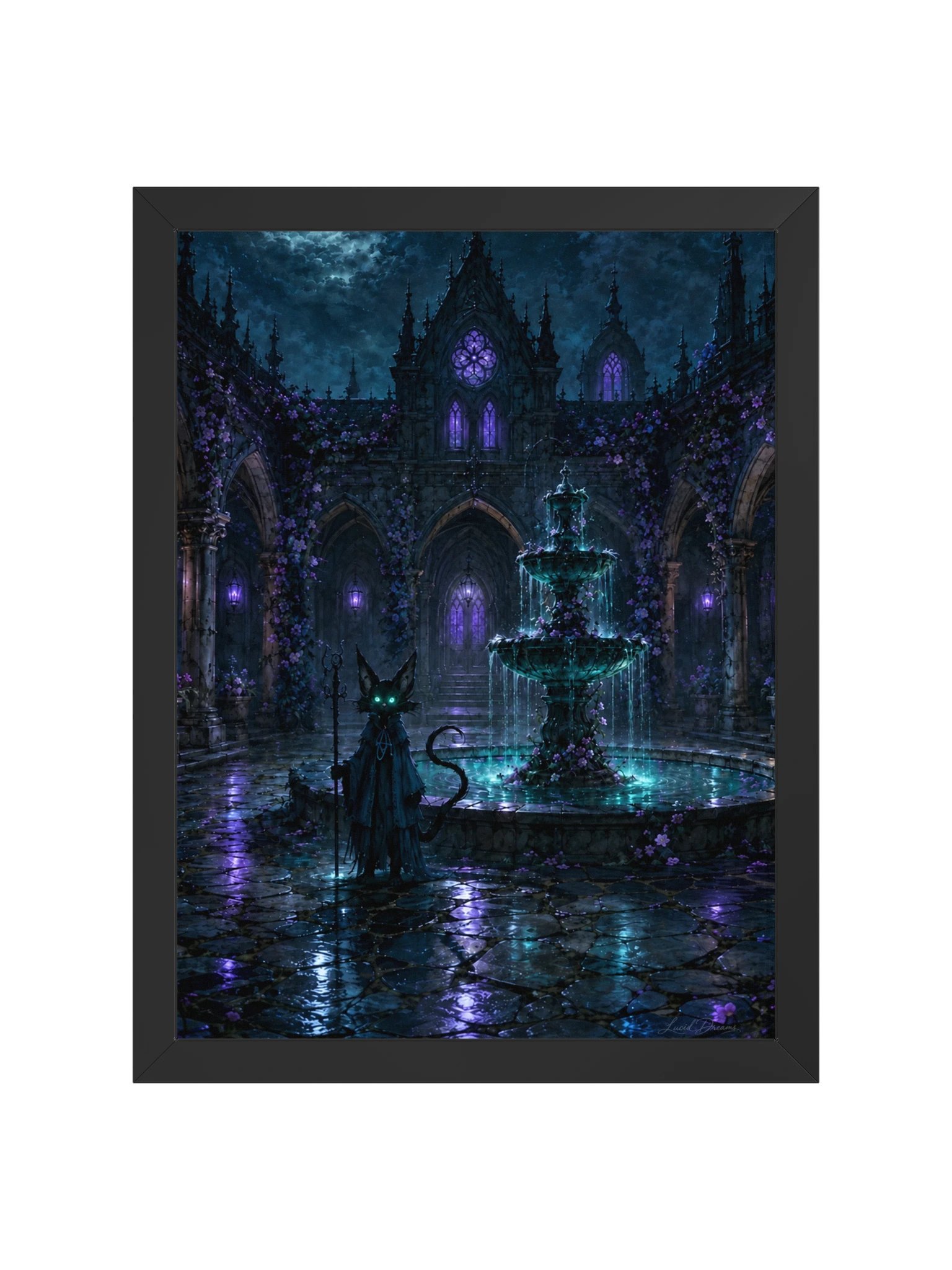 Gothic Courtyard & Black Cat Framed Art Print — The Courtyard of Silent Fountains product image (5)