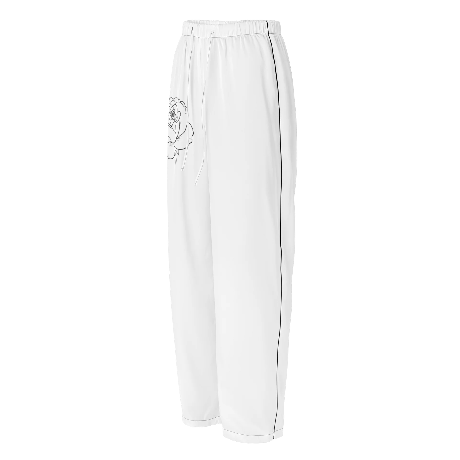 White Rose Print Satin Pyjama Trousers – Luxury Wide Leg Lounge Pants with Black Piping & Floral Detail product image (1)