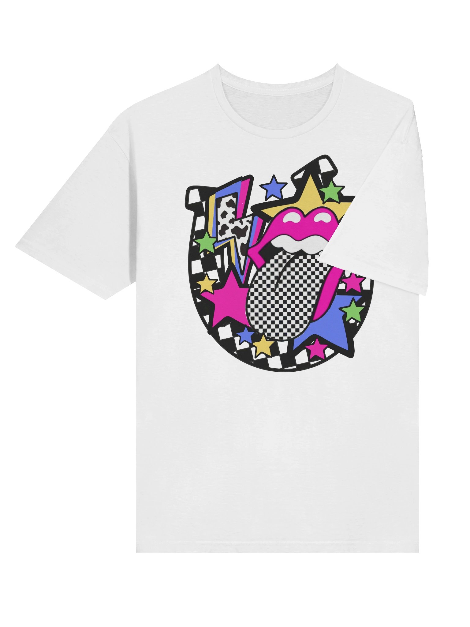Retro Pop Art Checkered Tongue Neon Western Graphic Tee - Vibrant Y2K Style T-Shirt product image (5)