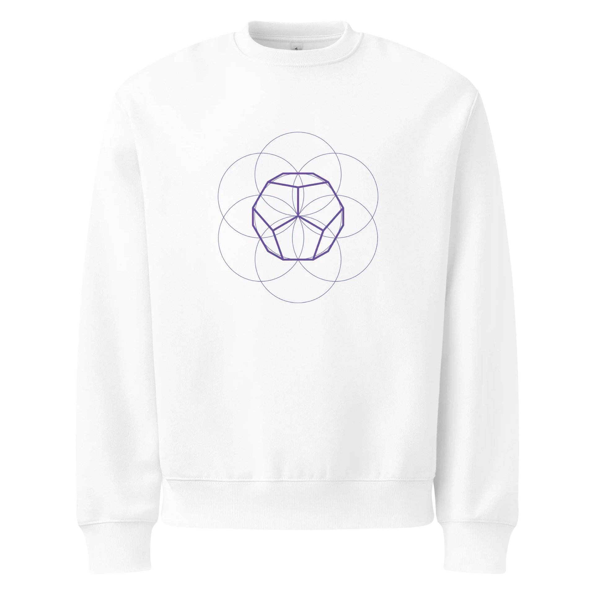 White Sweater – Purple Dodecahedron (Centered Front & Upper Back Print) product image (1)
