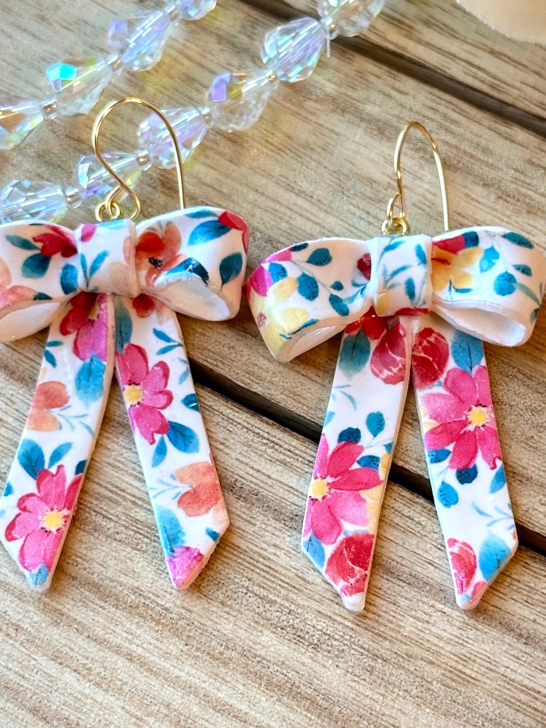 Floral Ribbon Bow Earrings – Handmade Clay Statement Dangles product image (4)