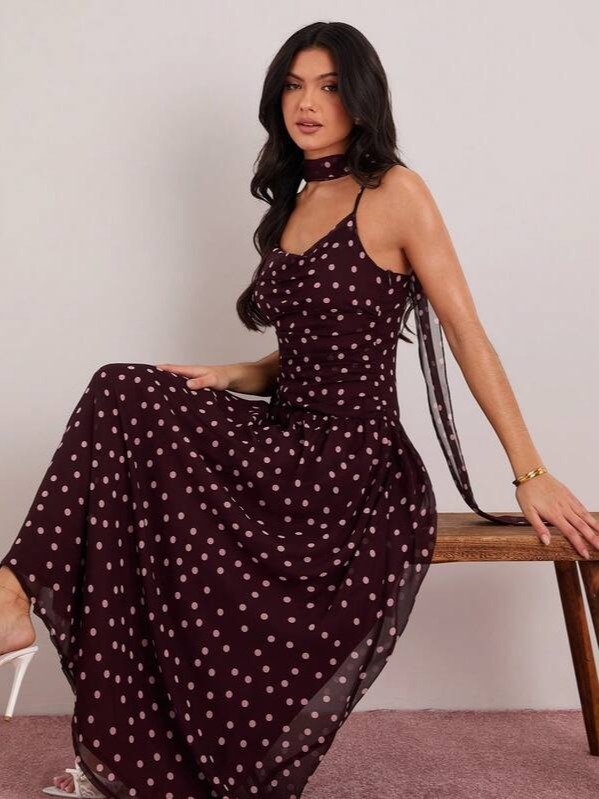 Women's Brown White Polka Dot Sleeveless Dress with Neck Ribbon product image (4)
