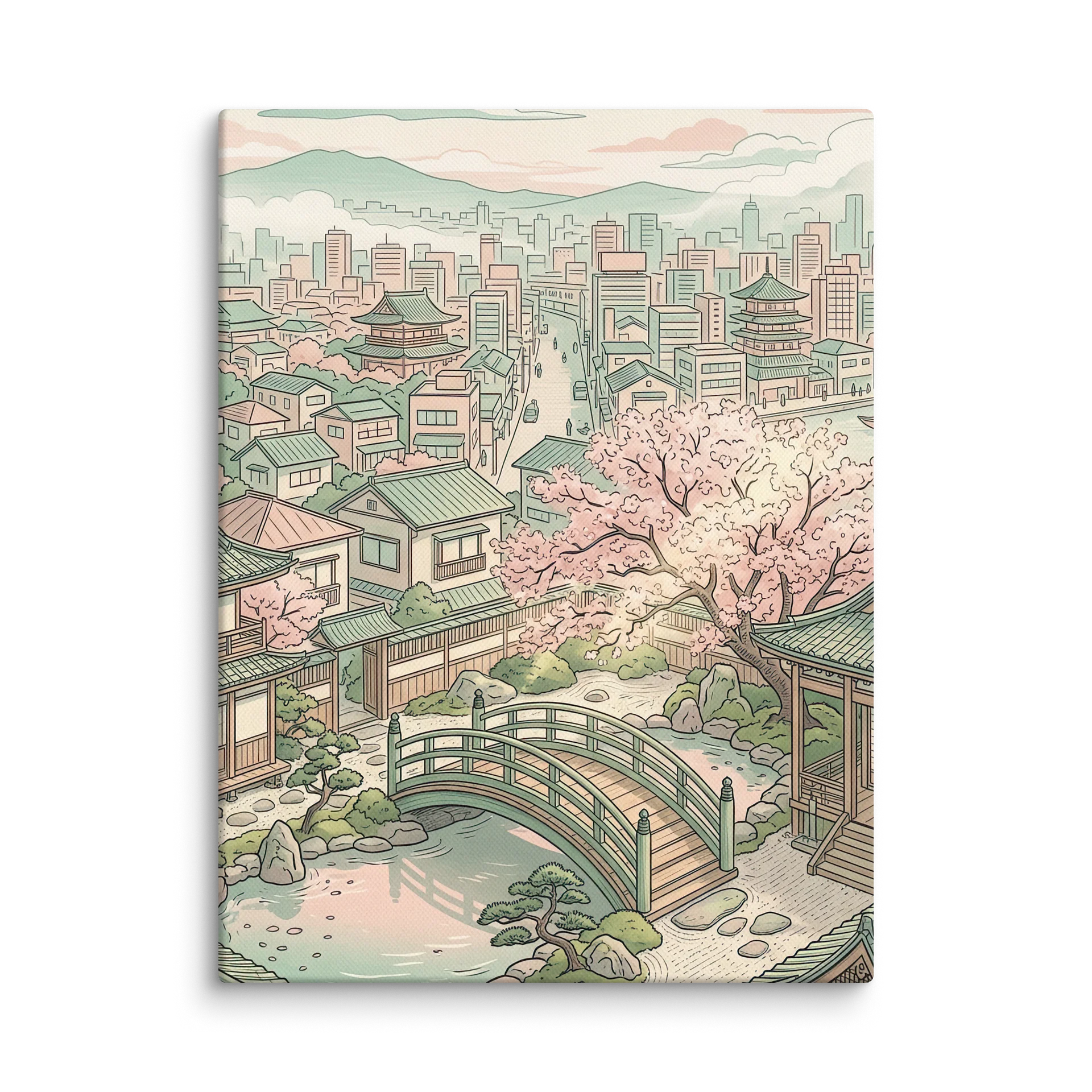Tranquil Cherry Blossom Bridge Canvas - Japandi Zen Wall Art product image (1)