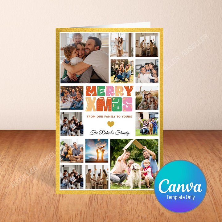 Merry Christmas Photo Collage Card Template With Gold Border product image (1)