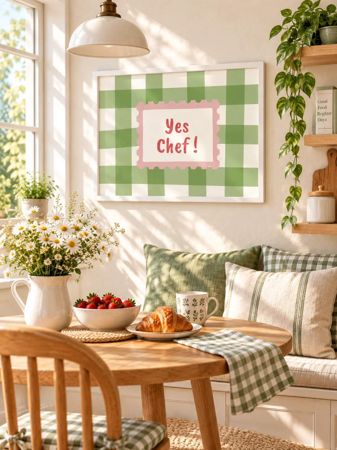 Yes Chef Printable Kitchen Wall Art | Green Gingham Retro Typography Poster product image (4)