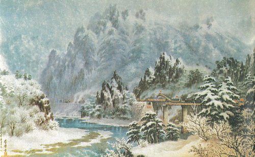 Fresh snow blankets the mountains in this painting titled 북부령 (Bukburyeong, 