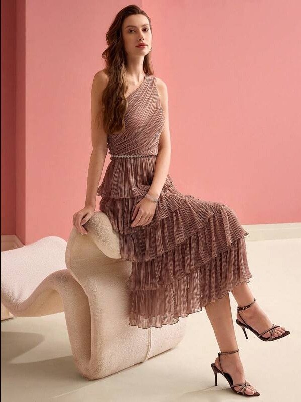 MOTF PREMIUM SOLID PLISSE ONE SHOULDER LAYERED RUFFLE HEM MIDI DRESS WITHOUT BELT product image (1)