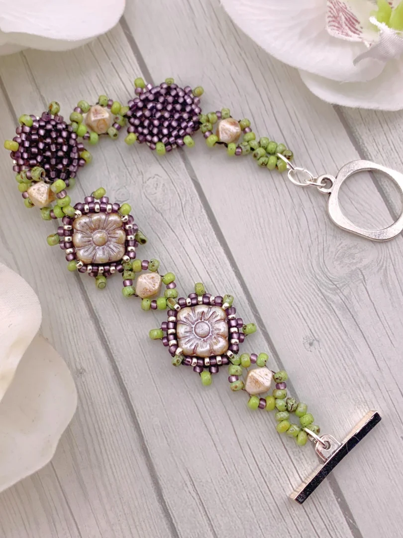 Square Flower Beaded Bracelet - purple, green product image (2)