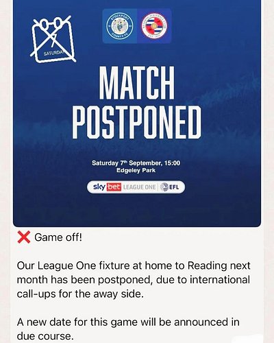 County's game next month against #Reading is postponed! No new date yet.

#stockport #stockportcounty #leagueone #league1 #fo...