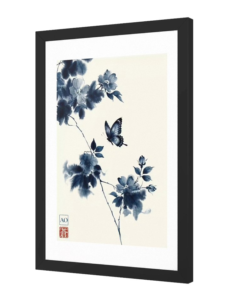 Japanese Ink Art Print | Indigo Butterfly No.04 | Framed Wall Art - AO Japan Blue product image (2)
