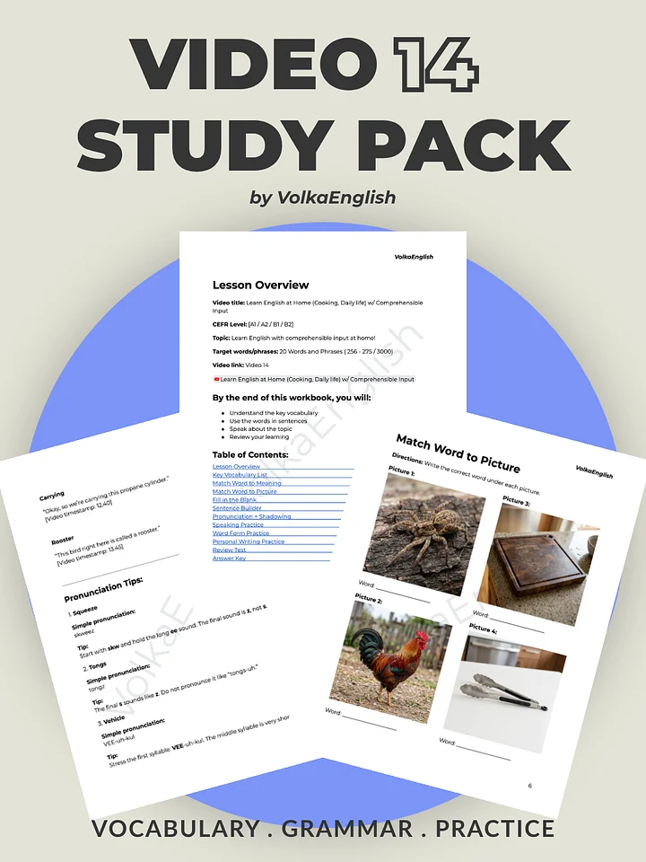 Learn English at Home (Cooking, Daily life) w/ Comprehensible Input - Video 14 Study Pack product image (1)