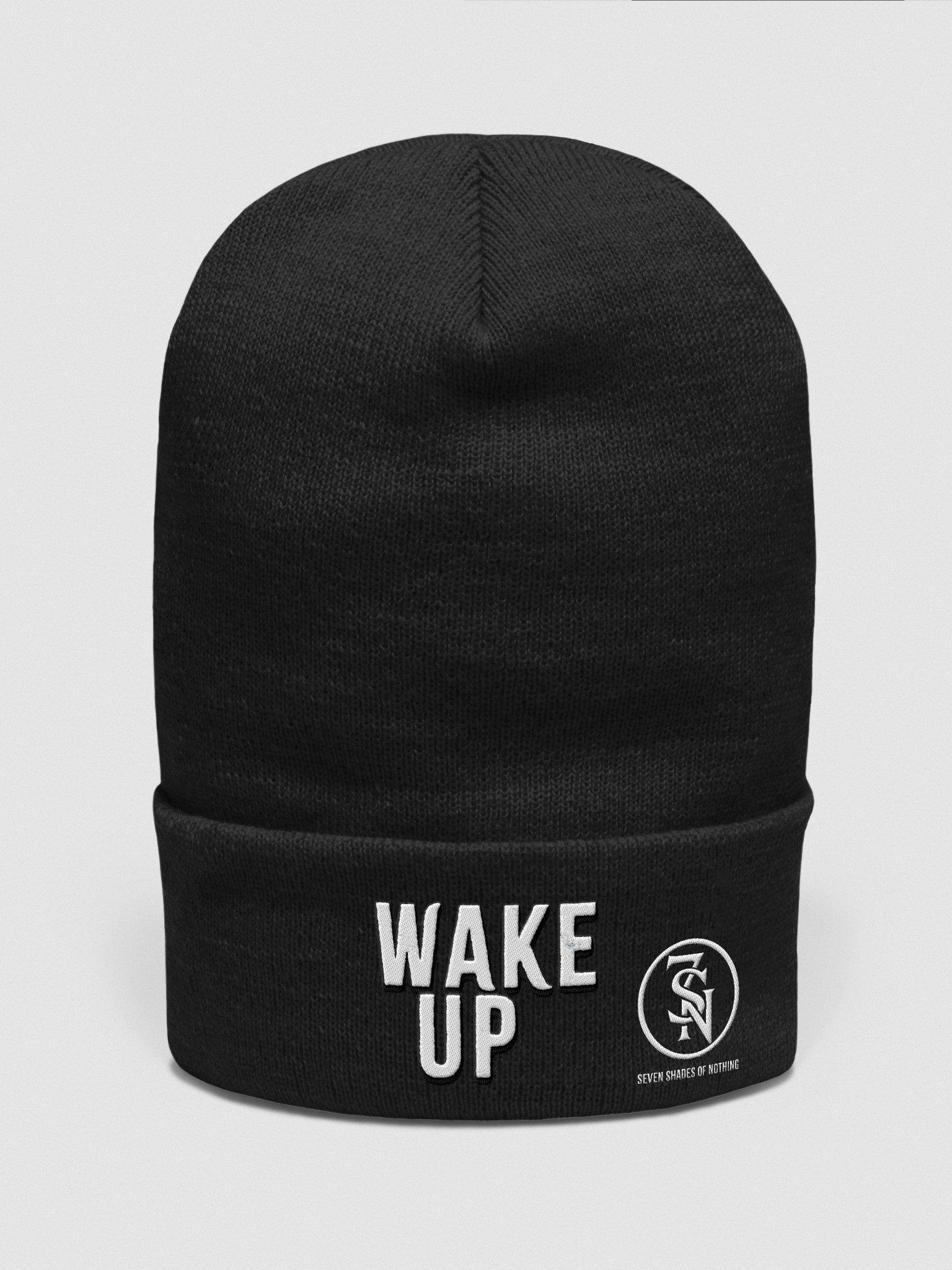 “Wake Up” embroidered beanie – black winter hat from Seven Shades of Nothing – Yupoong Cuffed Beanie product image (3)