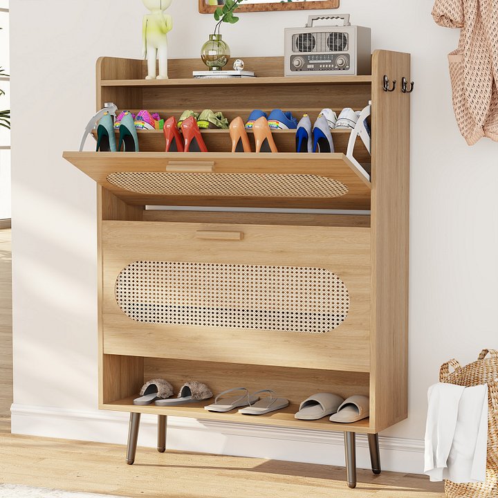 Shoe Cabinet with Natural Rattan Flip Drawers for Entryway Free Standing Slim Shoe Storage Organizer with 2 Flip Drawers Natural product image (1)