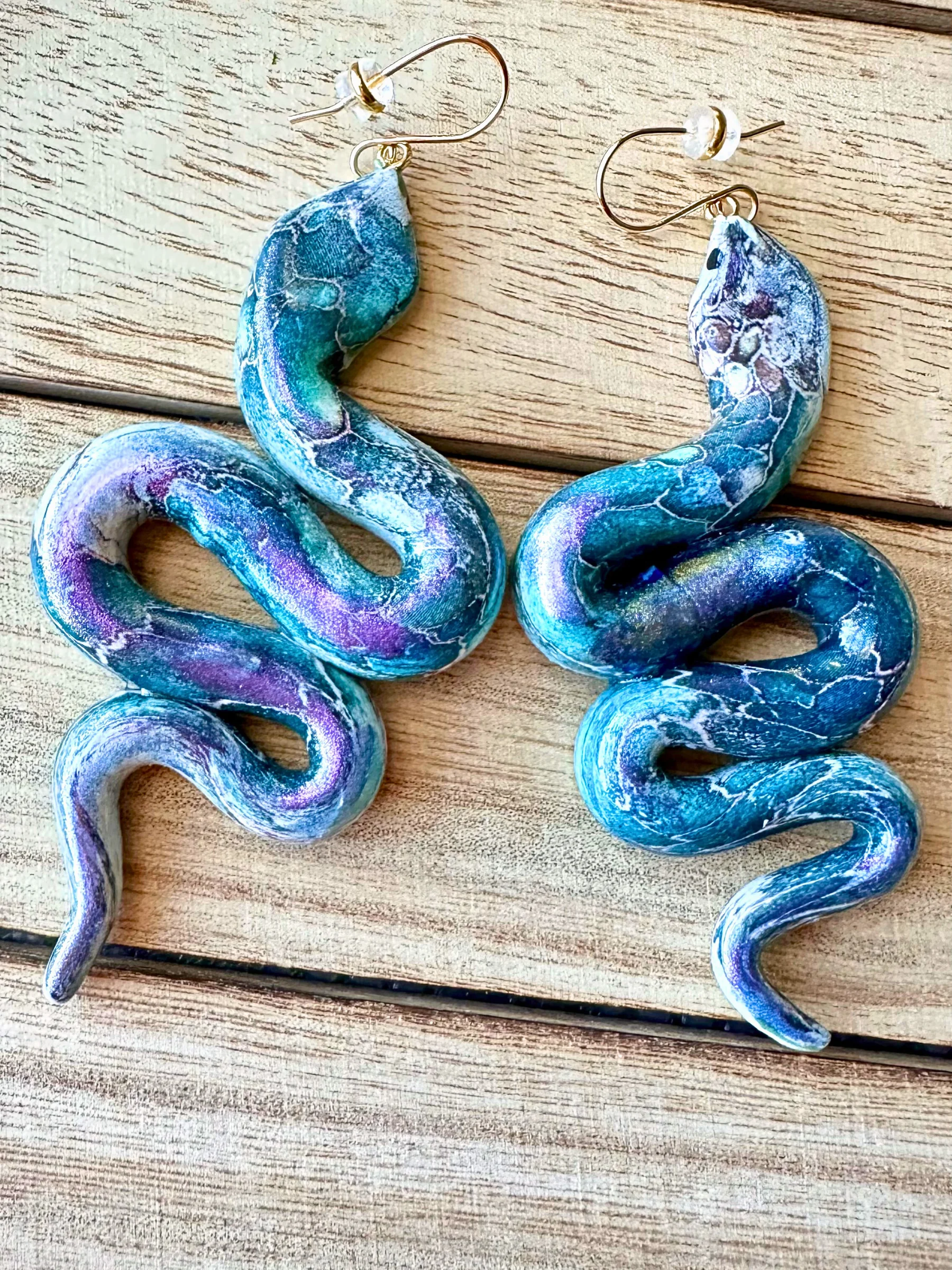 Galaxy Serpent Statement Earrings – Iridescent Blue Handmade Clay Dangles product image (4)