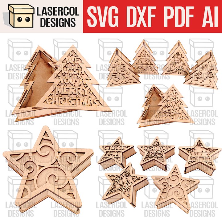 Christmas Tree and Star Box Bundle (2 Sizes, 5 Styles) - Laser Cut Files product image (1)
