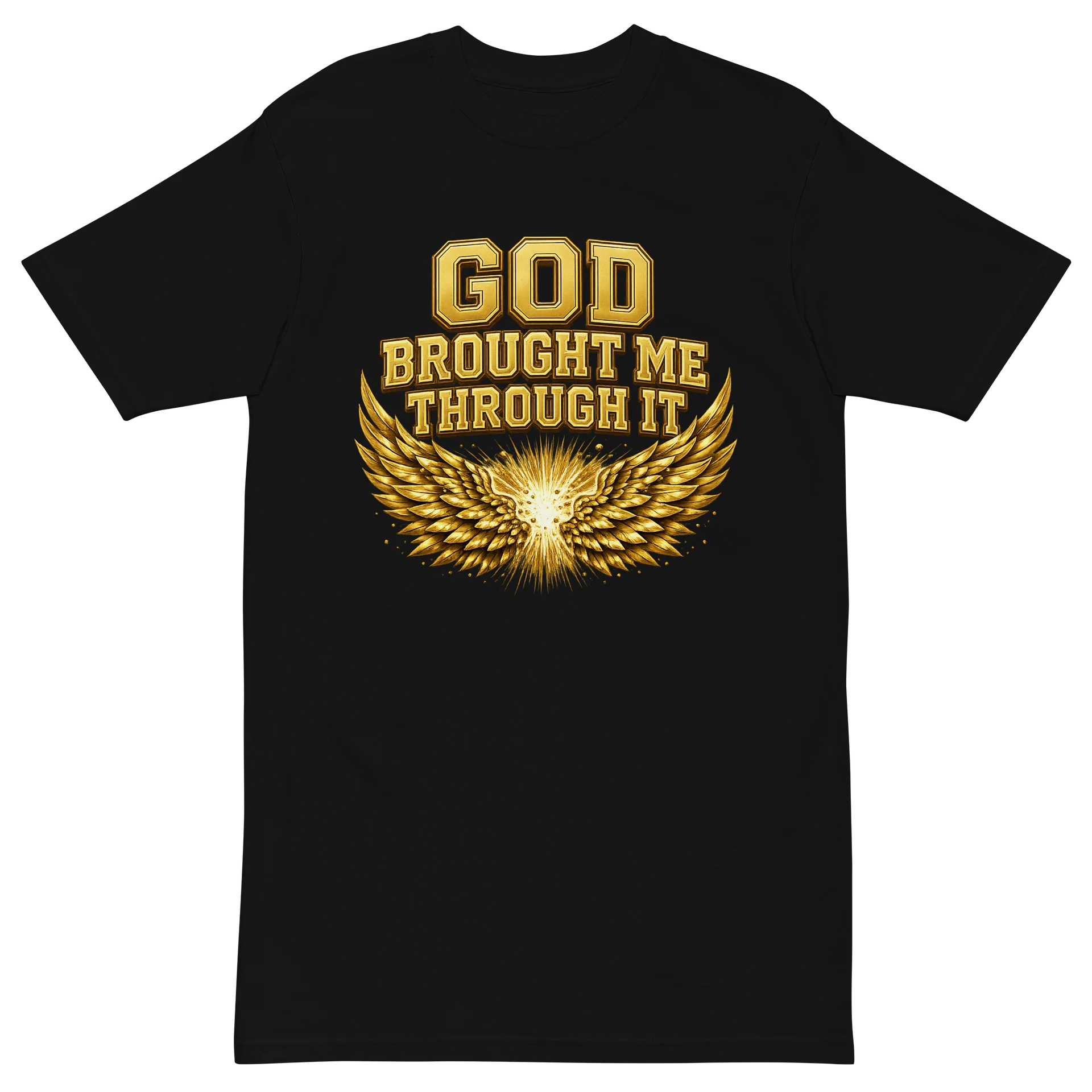 God Brought Me Through It Black Tee — Gold Wings Edition product image (2)