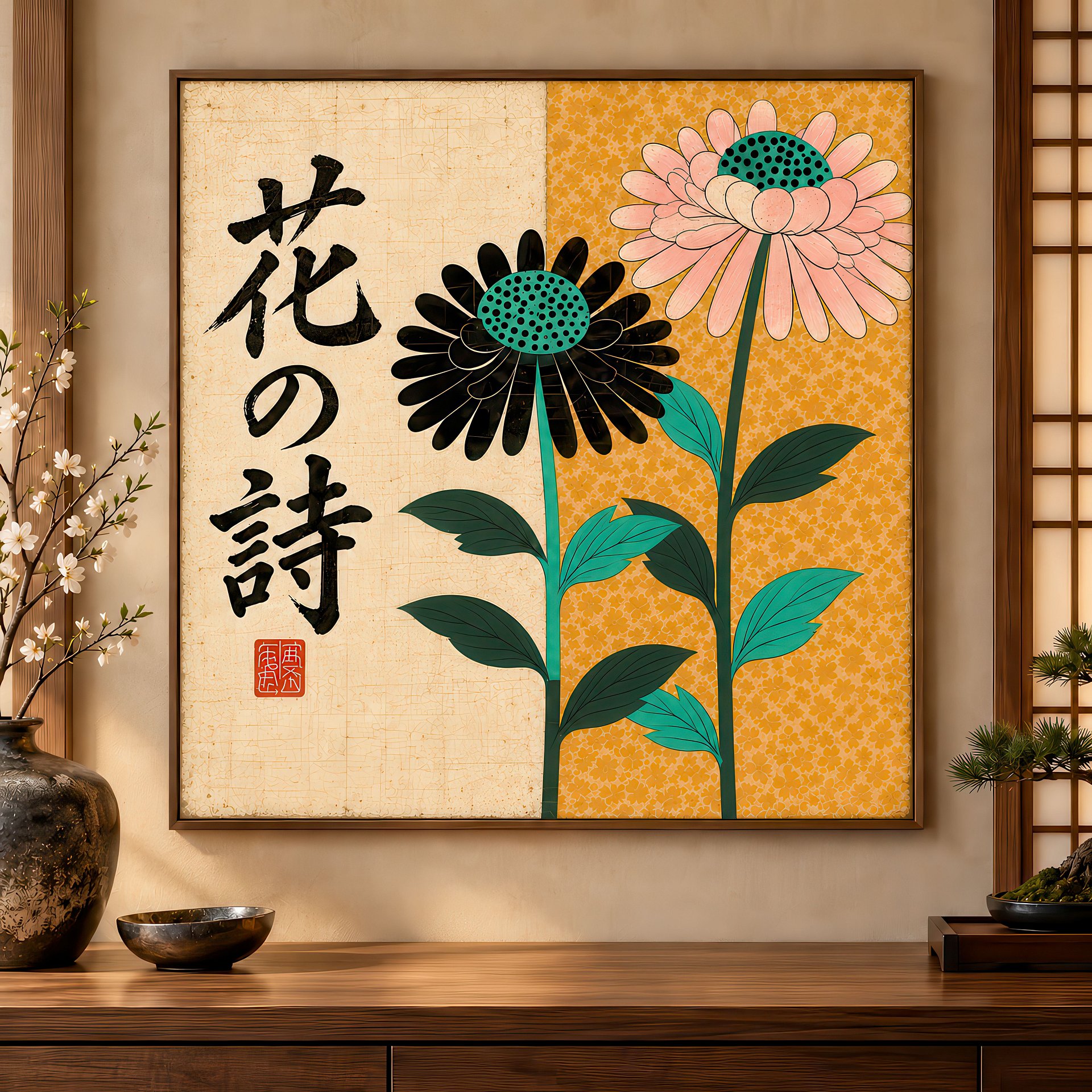 Hana no Uta | Japanese Floral Modernist | Birch Wood Art Panel | Wall Decor | 24×24″ (60x60 cm) product image (1)