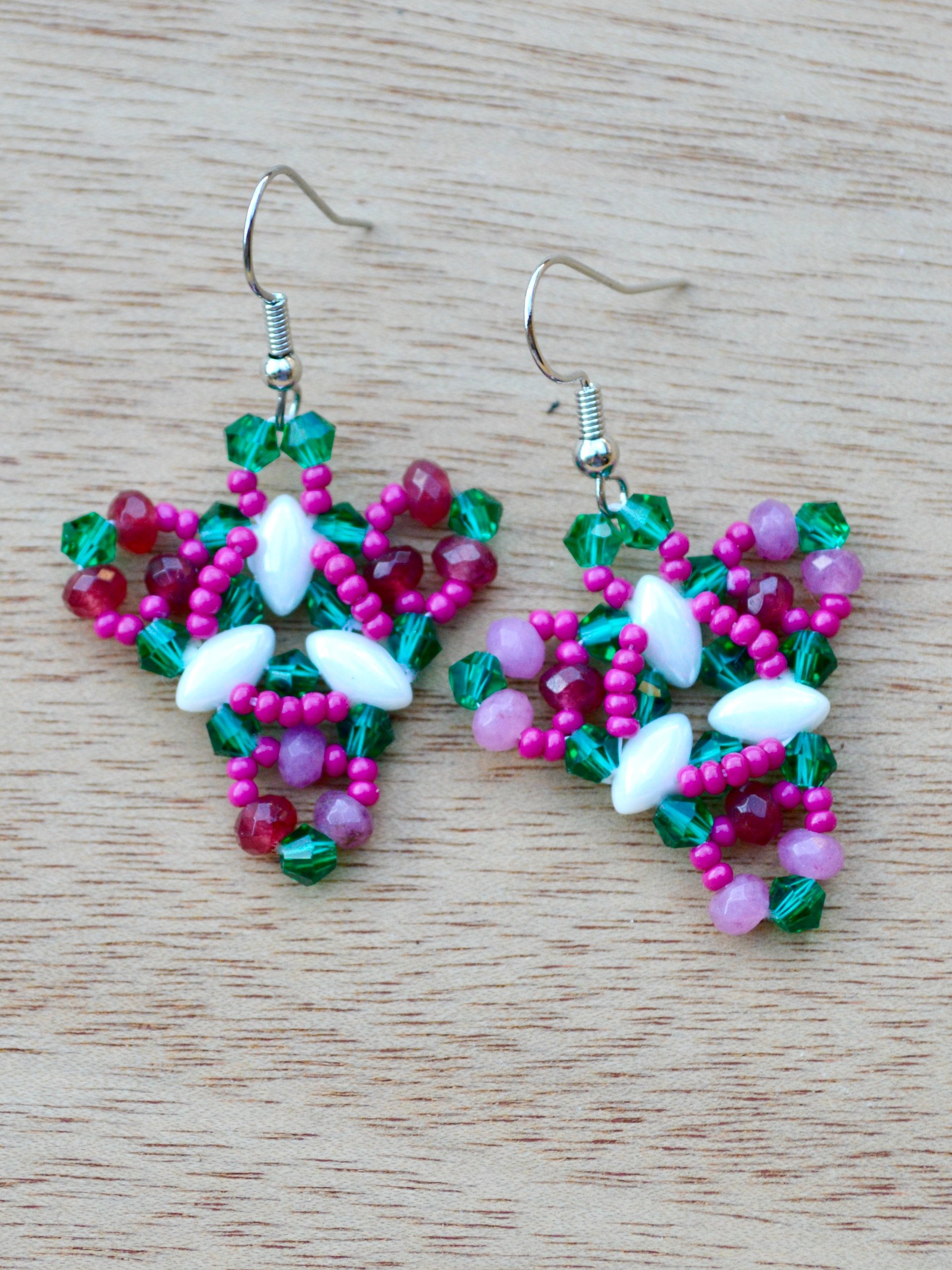 Sparkly Pink and Green Beaded Triangle Earrings product image (1)