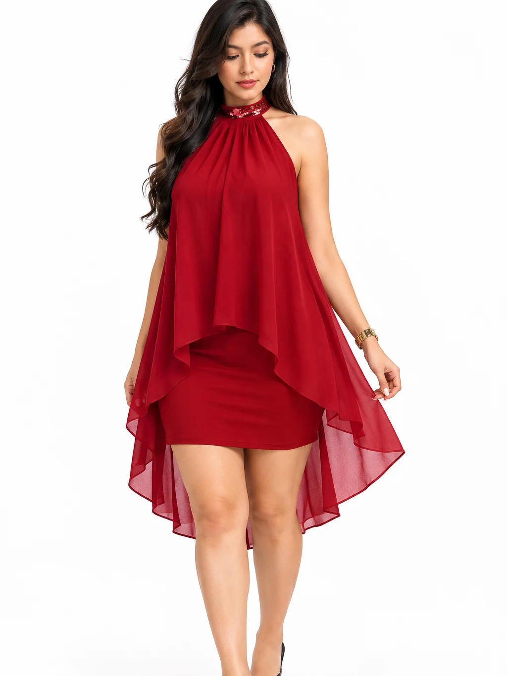 Femmeverse Women's Plus Size Summer New Ruched Halter Neck Sequin Patchwork Sleeveless High Waist Bodycon Dress product image (5)