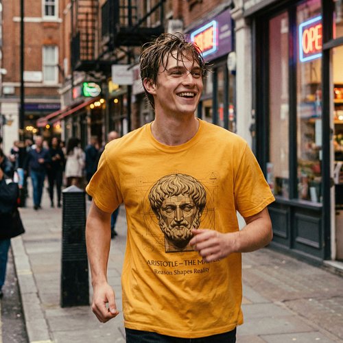 Running through the streets wearing Aristotle.

Not your usual t-shirt.

Some ideas are too powerful to stay in books.

Arist...