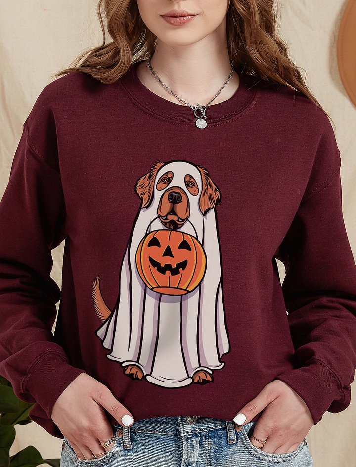 Funny Halloween Golden Retriever(Red) Sweatshirt | Funny Goldie Wearing a Ghost Costume and Holding a Pumpkin Basket product image (2)