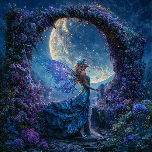 In the garden where purple blooms spill like secrets, she spreads her iridescent wings and remembers what it means to fly. Th...